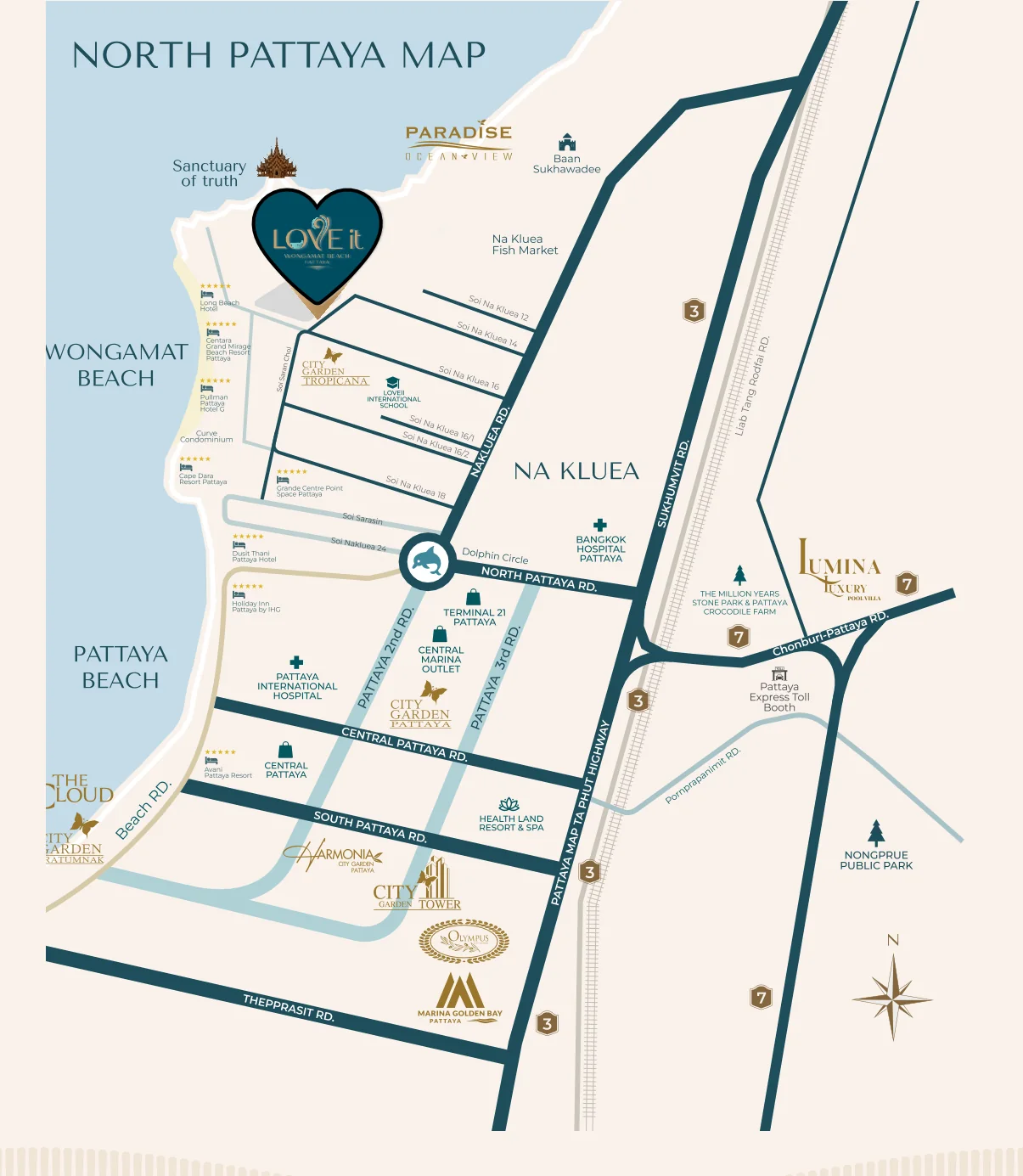 Карта северной Паттайи из материалов застройщика Love It Wongamat Beach