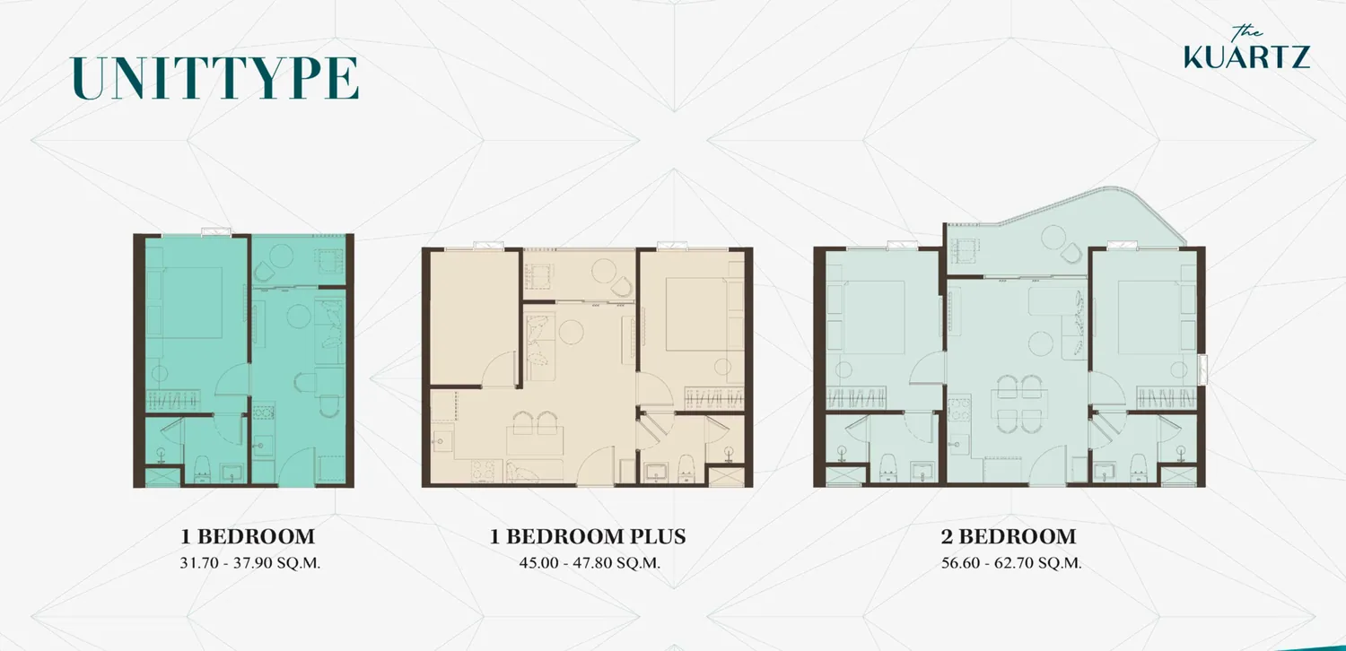 Планировки KUARTZ: 1 Bedroom, 1 Bedroom Plus и квартира с двумя спальнями