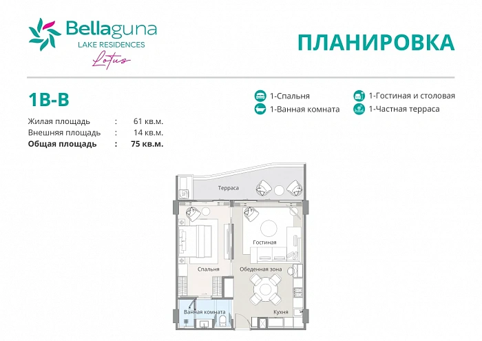 Bellaguna Lake Residences Lotus — апартаменты с 1 спальней, 75 м² — фото объекта 10, Пхукет